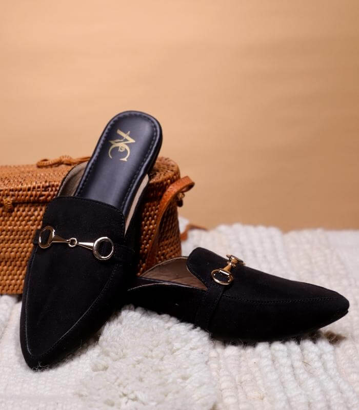 Pointed Buckled Mules For Women (Black)