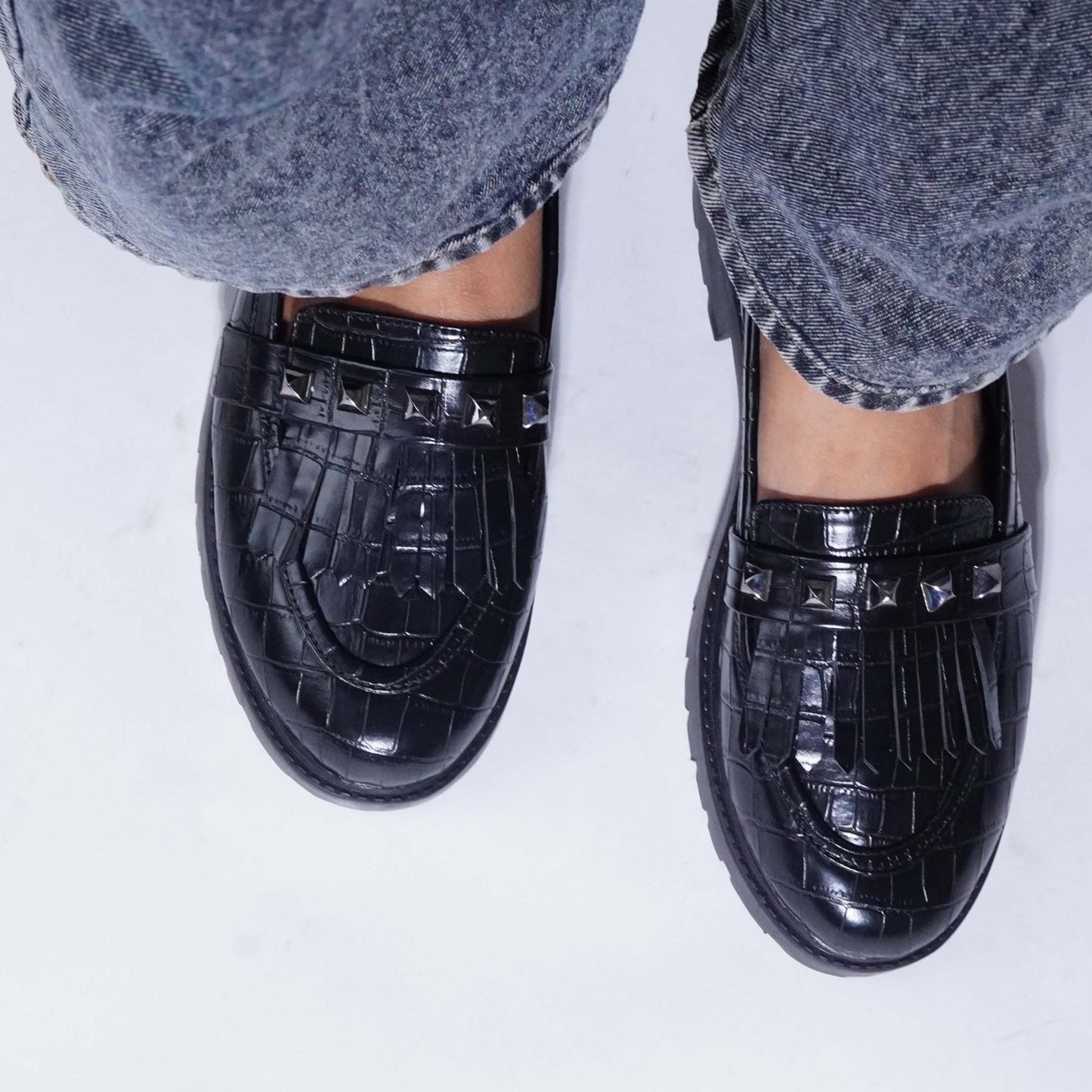 Textured Stud Loafers Black Croc
