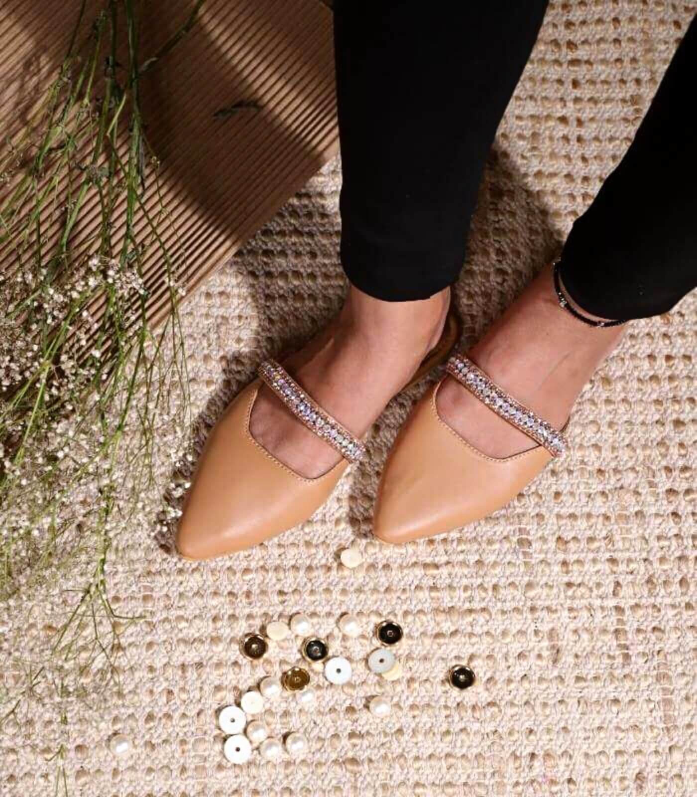 Jewelled Mules For Women – Beige Color