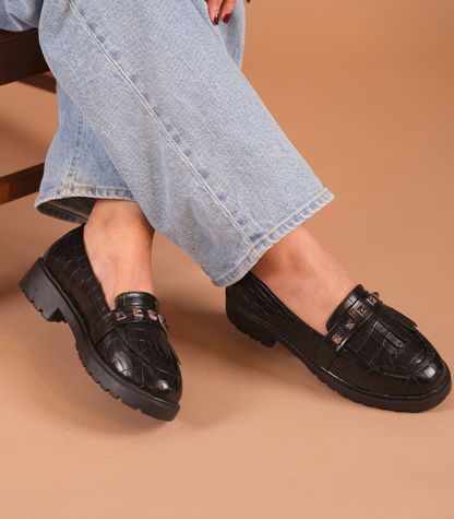 Textured Stud Loafers Black Croc