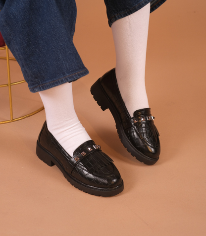 Textured Stud Loafers Black Croc