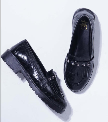 Textured Stud Loafers Black Croc