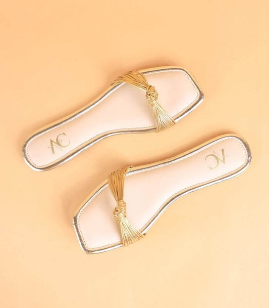 Knotted Tale – Slides For Women (Cream & Gold) 